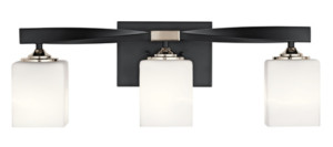 Marette Collection 3 light vanity light with satin etched cased opal glass and twisted arm in Black finish.