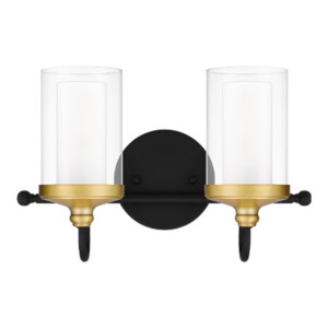 Rowland Collection 2-Light Bath Vanity in Matte Black with Brass Accents and Clear Glass Shades ROW8615MBK