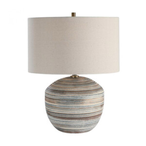 Prospect Collection 1-Light Table Lamp with Striped Neutral Ceramic Base and Light Beige Linen Drum Shade Uttermost 28441-1