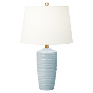 Waveland Collection 1-Light Table Lamp in Frosted Anglia Blue with White Linen Shade Generation CT1201FRA1