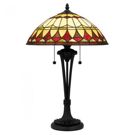 Sevilla Collection 2-Light Tiffany Style Table Lamp in Matte Black with Honey Amber, Burnt Orange and Crimson Glass Shade Quoizel TF16143MBK