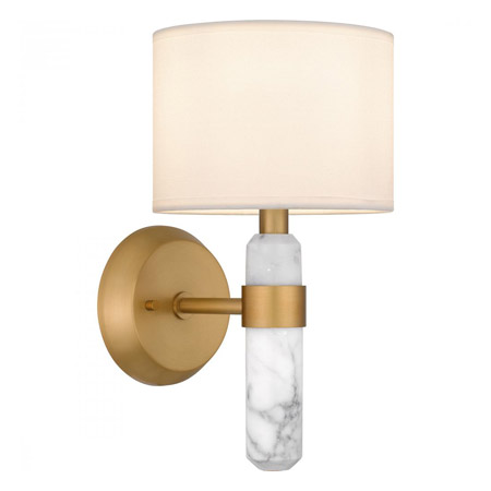 Kimberly Collection 1-Light Wall Sconce in Brushed Weathered Brass with White Marble Base and Egg Shell Fabric Shade Quoizel KMB8707BWS $217.80